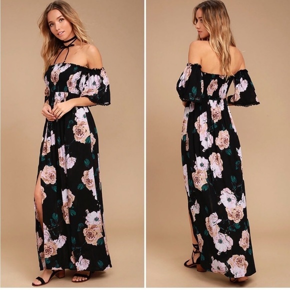 NWT Lulus Primrose Princess Black Floral Print Off-the-Shoulder Maxi Dress - Picture 11 of 11